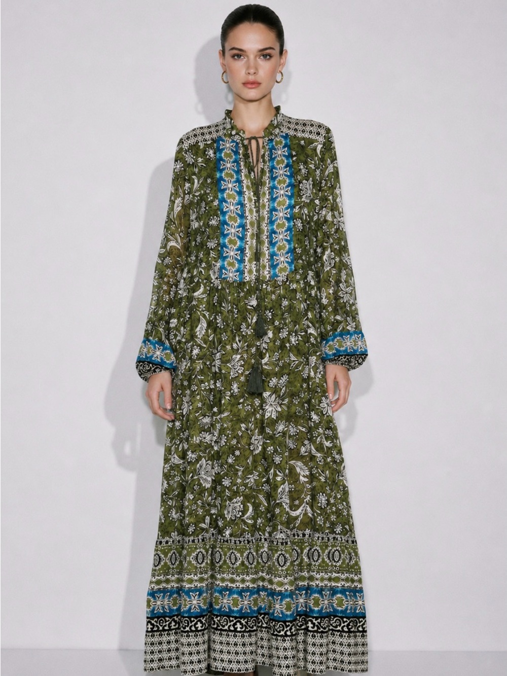 ZARA Green Floral Botanical Print Tie-Front Tiered Maxi Dress Size S